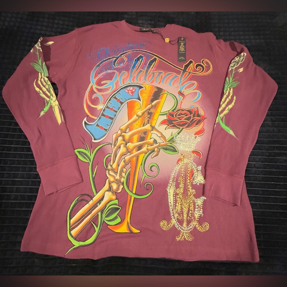 Christian Audigier Mens Thermal Shirt Rhinstone Celebrate Life Size L/XL